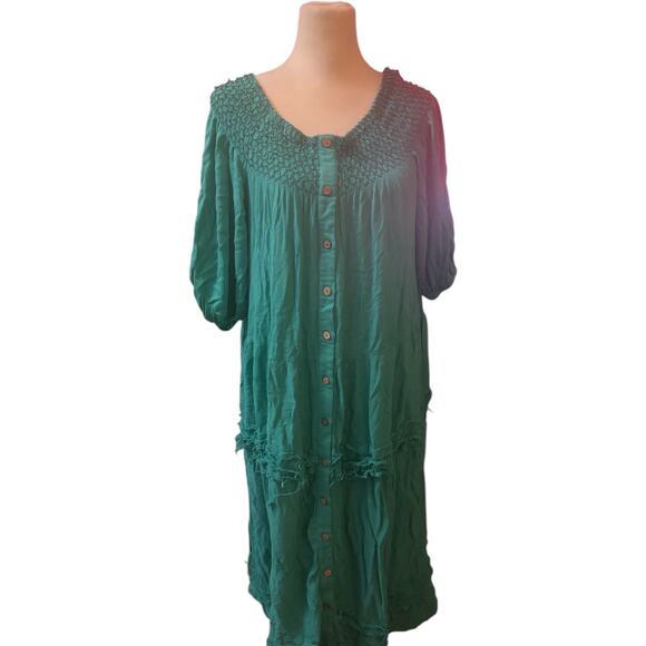 Easel Boho Peasant Button Front Dress, Green, Size Small - Picture 1 of 5